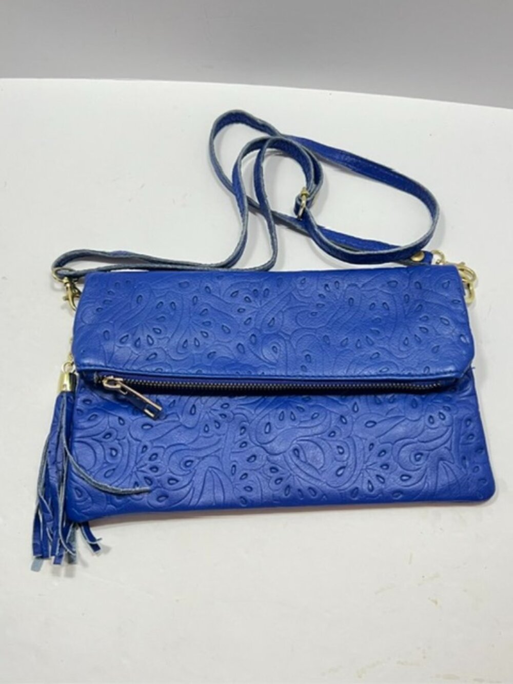 Cobalt Blue Embossed Leather Convertible Crossbody/Clutch Bag Made in Italy